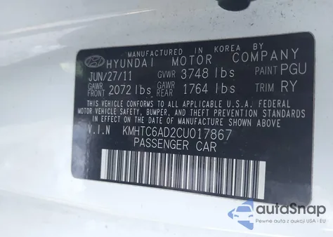 2012 Hyundai Veloster Base W/Gray z USA, uszkodzony, nr VIN KMHTC6AD2CU017867